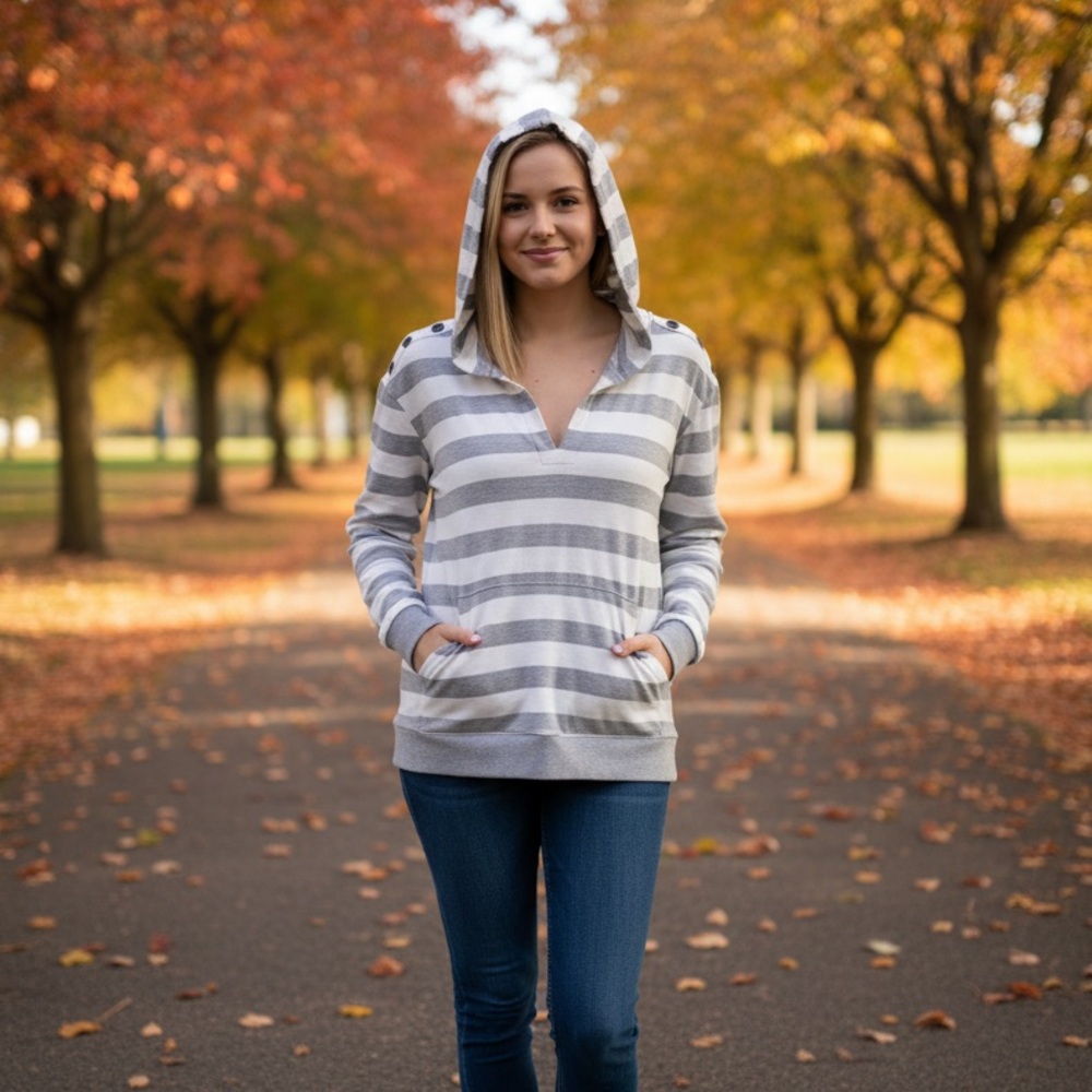 Striped Gray & White Hooded Pullover Sweatshirt
